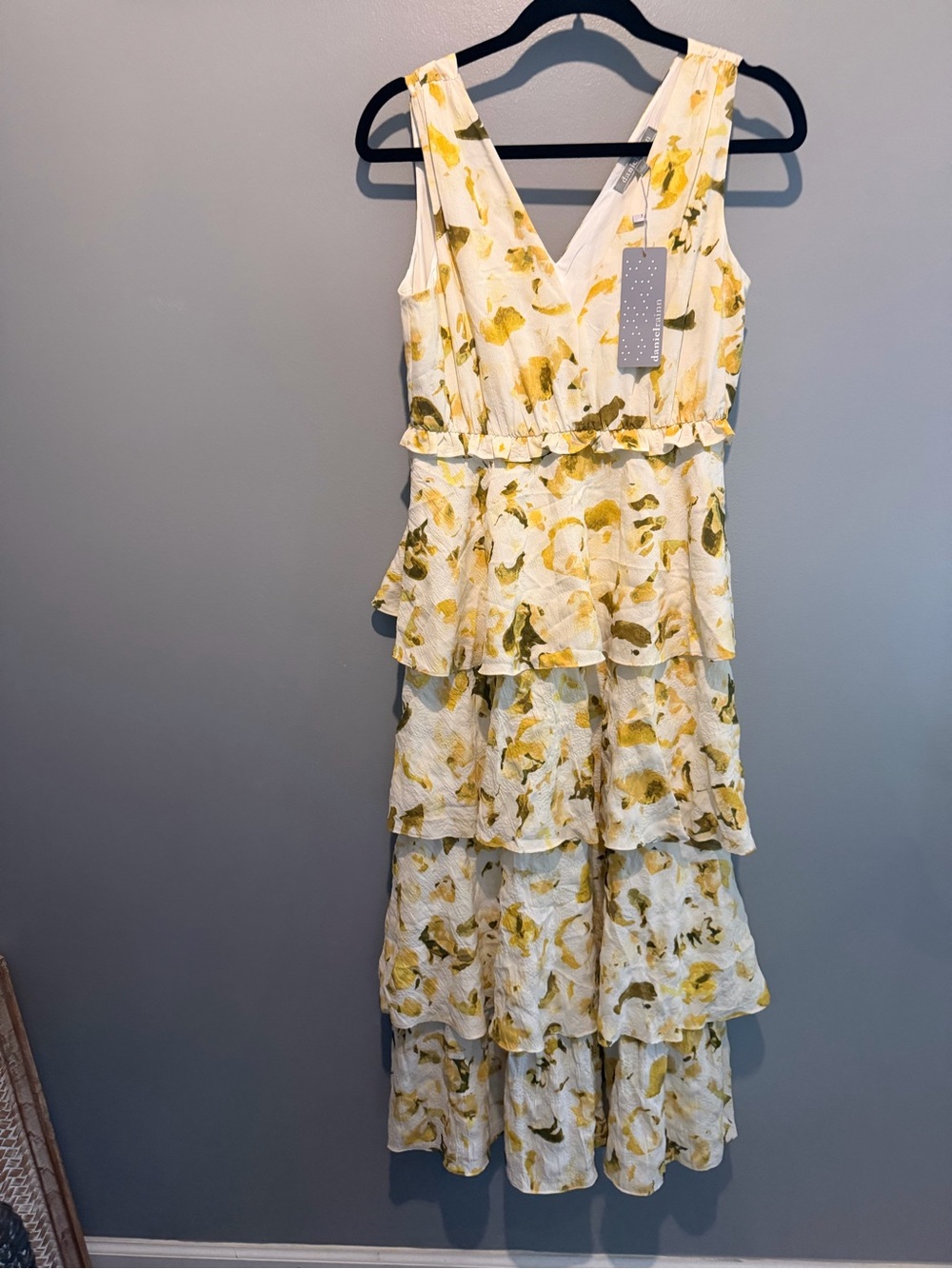 Daniel Rainn White Floral Tiered Ruffle Dress with Yellow and Olive Accents